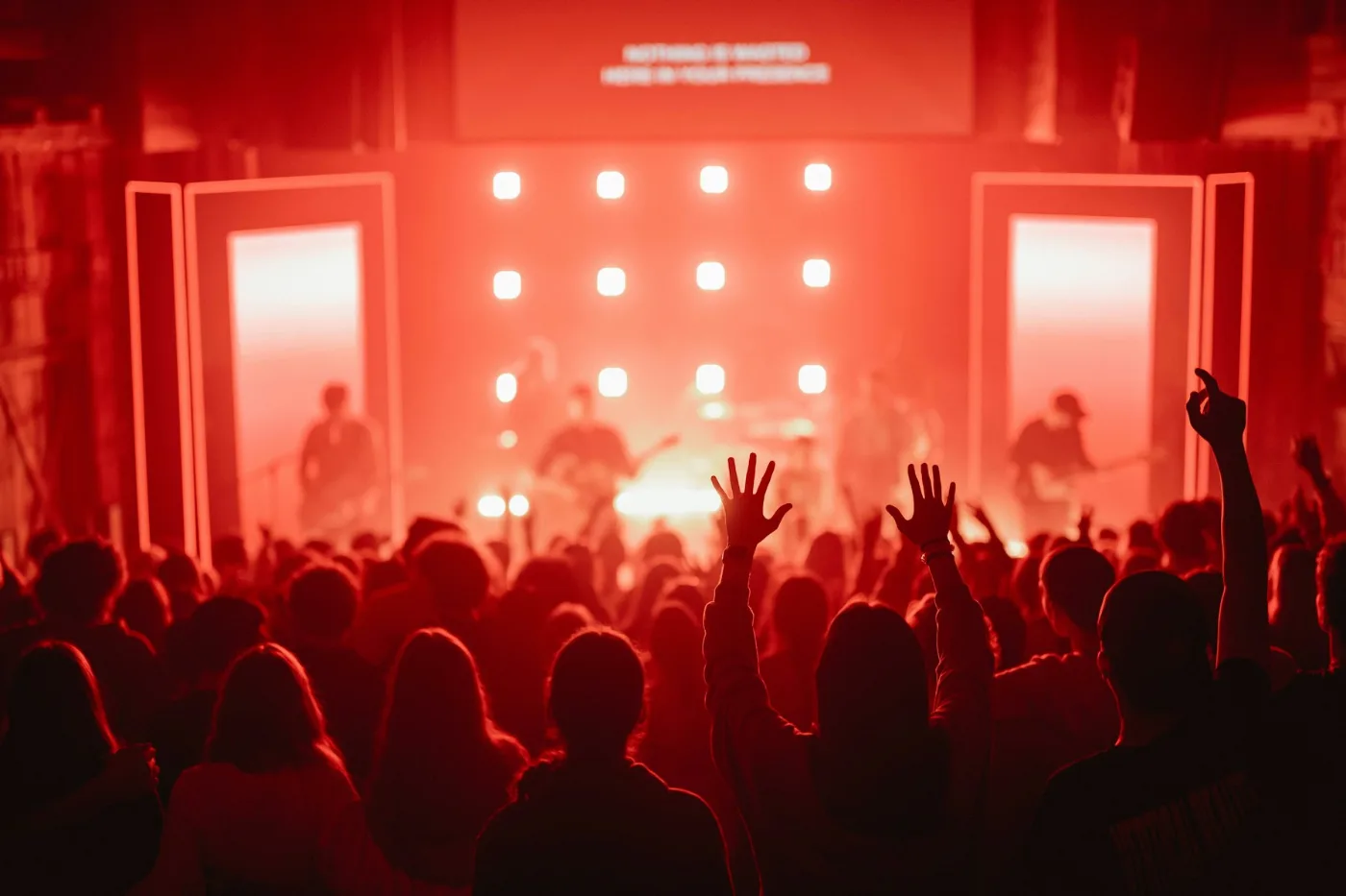 Scène rouge devant un public de concert